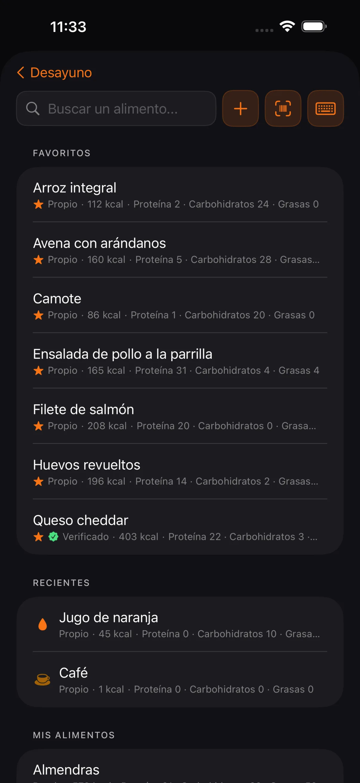 La búsqueda de alimentos con favoritos, lo reciente y tus alimentos propios