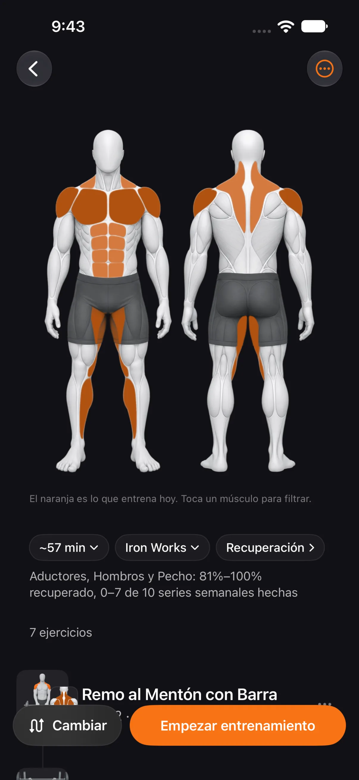 «Próxima sesión» en Tare: los músculos de hoy en naranja sobre la figura de frente y de espaldas, su recuperación y el botón para empezar