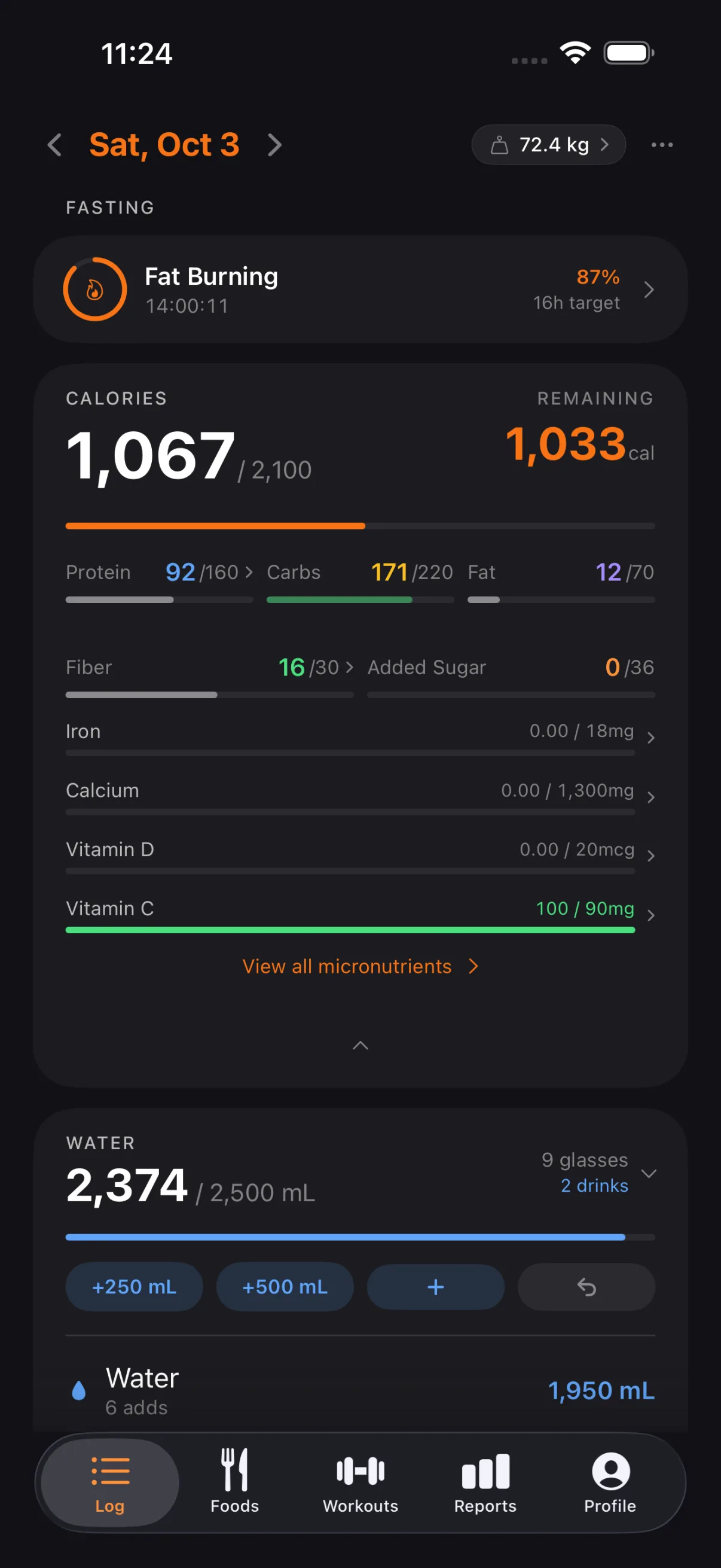 Tare daily log with the calorie card opened: iron, calcium, vitamin D and vitamin C against their targets.