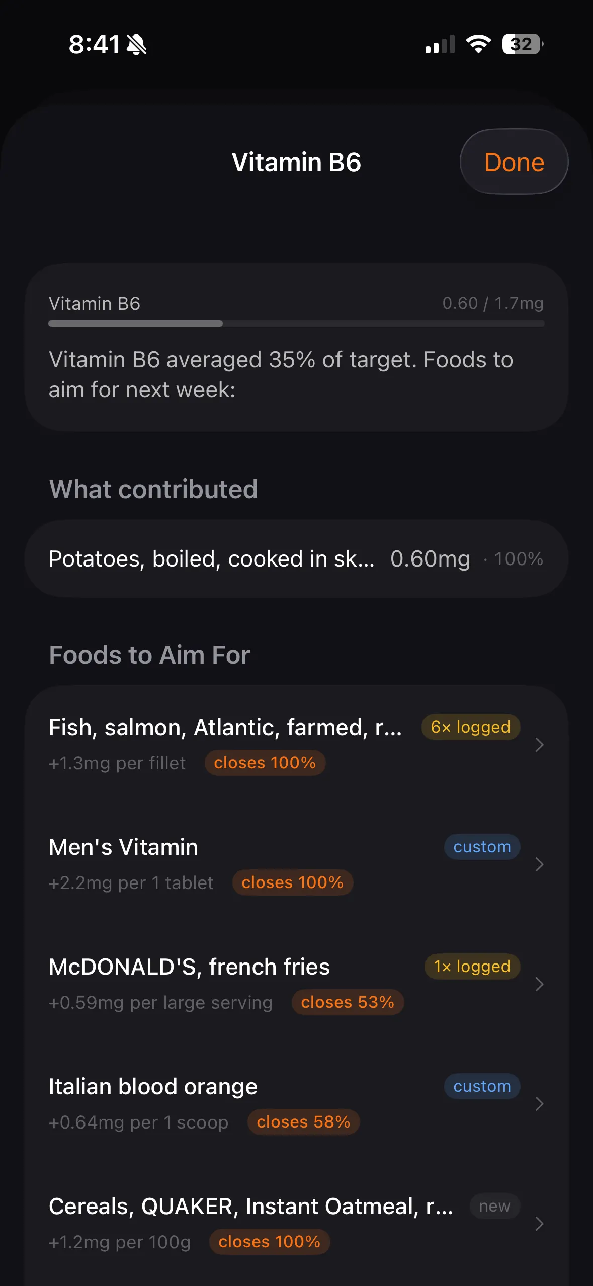Vitamin B6 detail in Tare showing which foods contributed and ranked suggestions to close the gap.