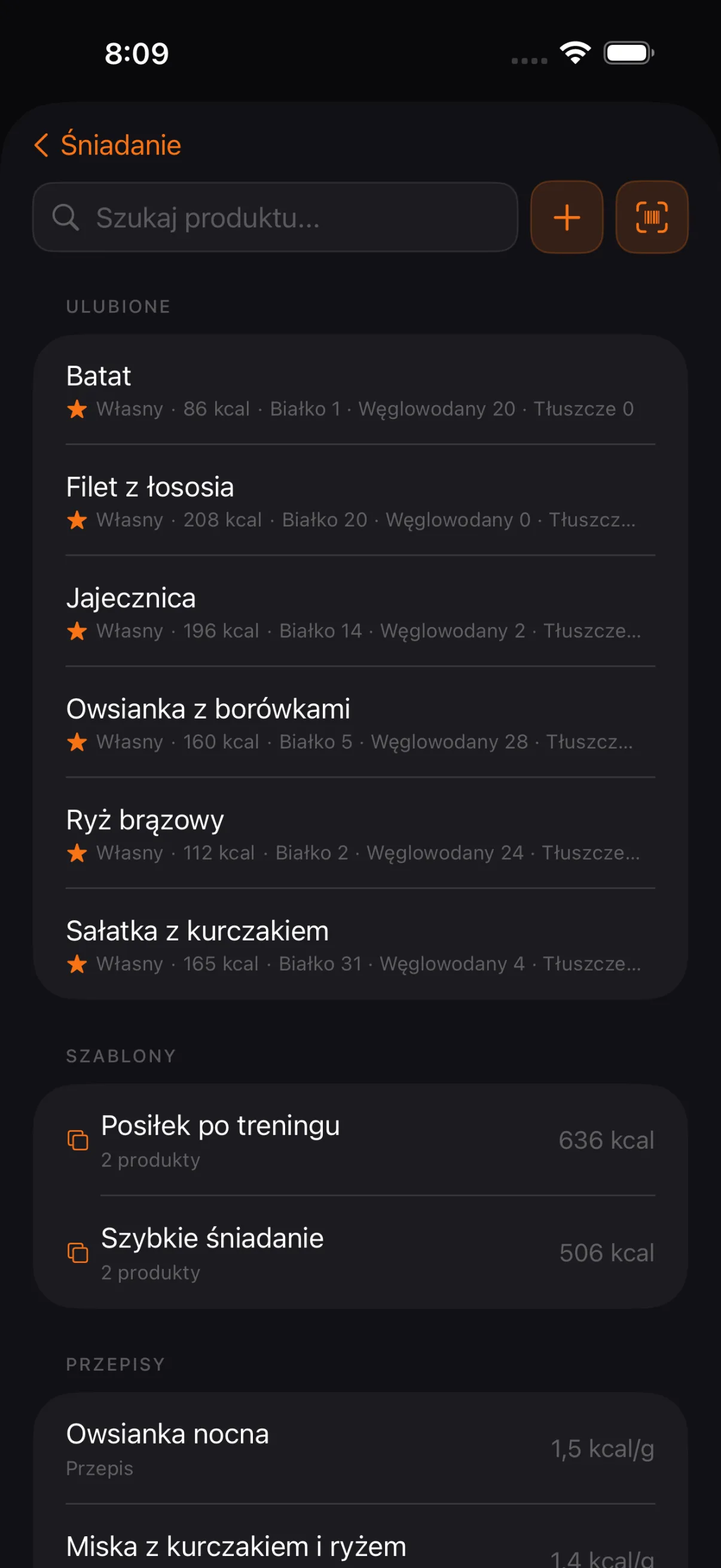 Wyszukiwanie produktów: ulubione, szablony i przepisy
