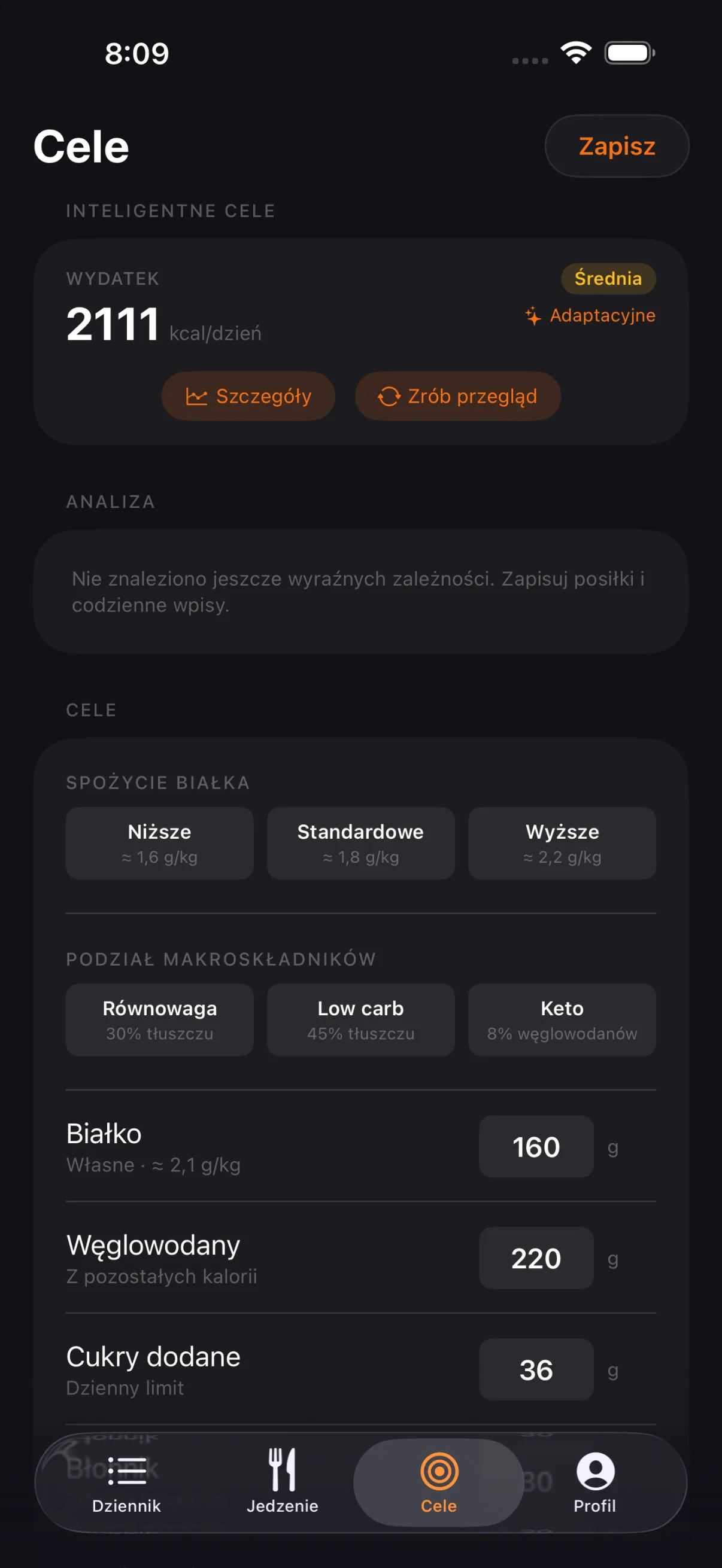 Cele: inteligentne wartości docelowe i adaptacyjne TDEE
