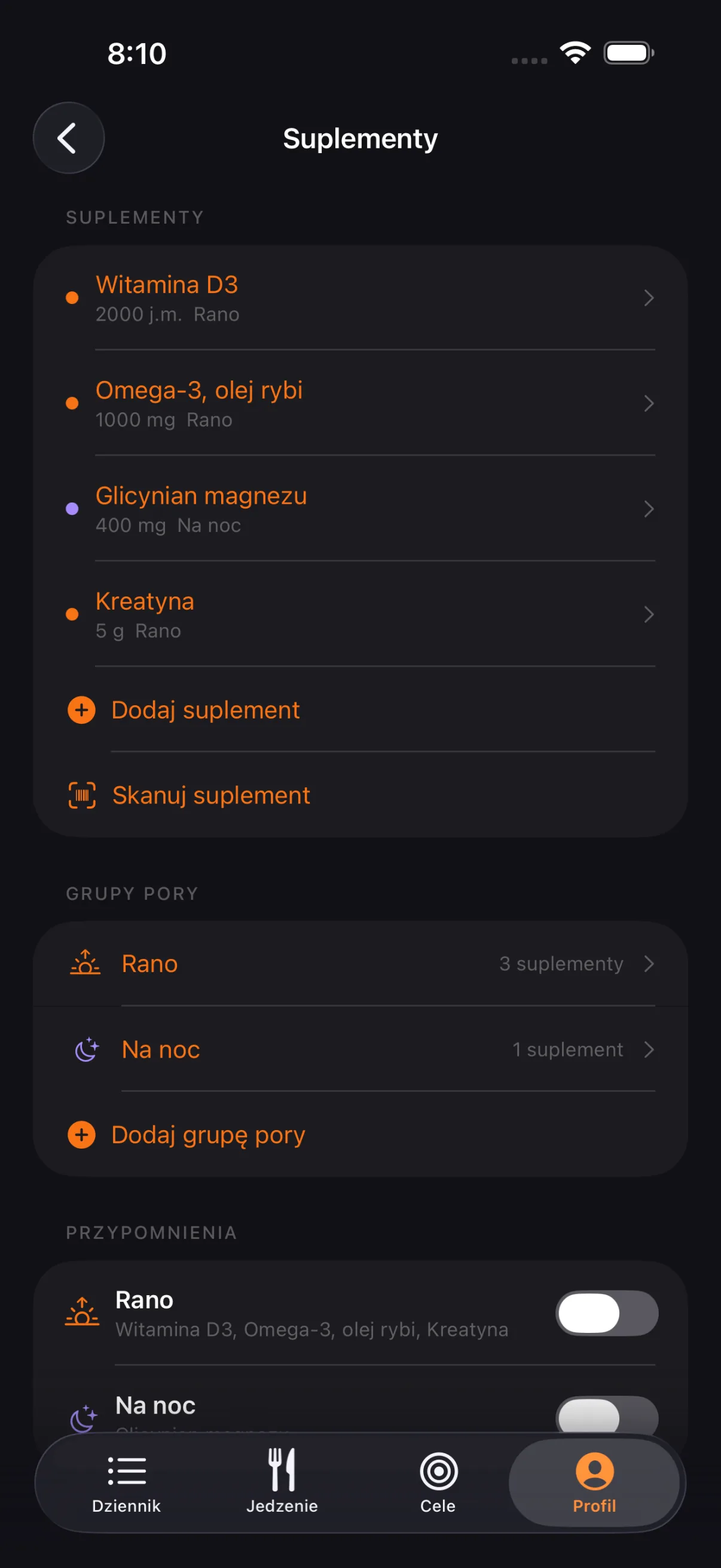 Suplementy z grupami pory i przypomnieniami