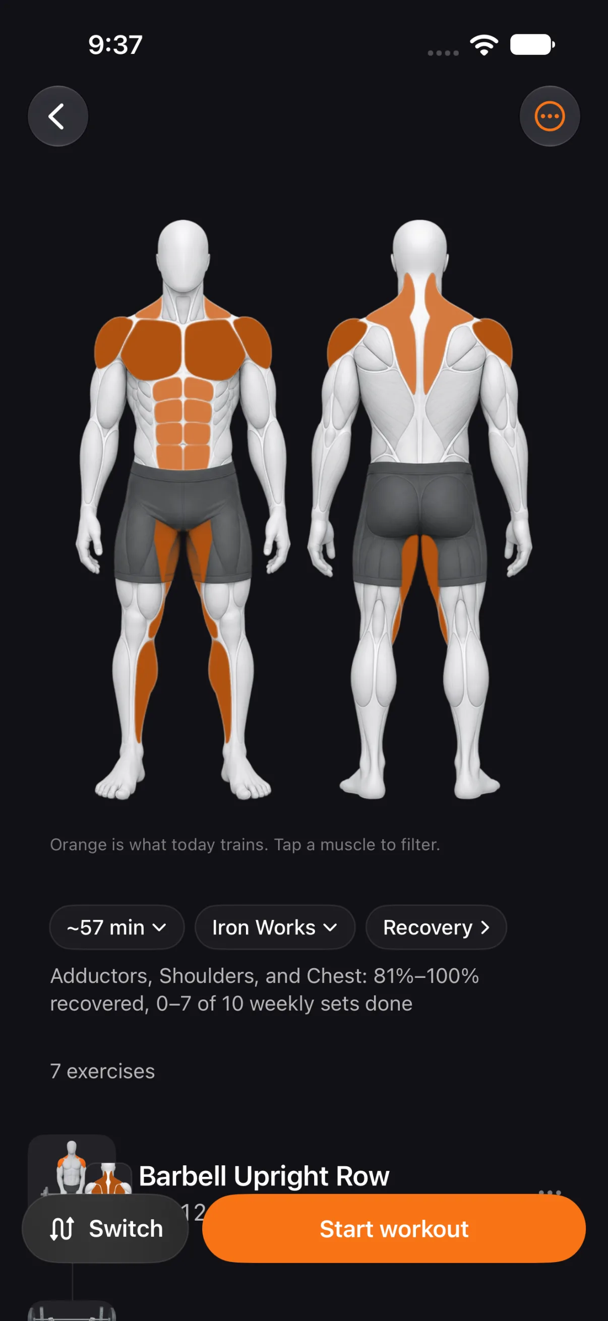 Up Next in Tare: today’s muscles in orange on a front and back figure, with how recovered they are, the exercise list and Start workout